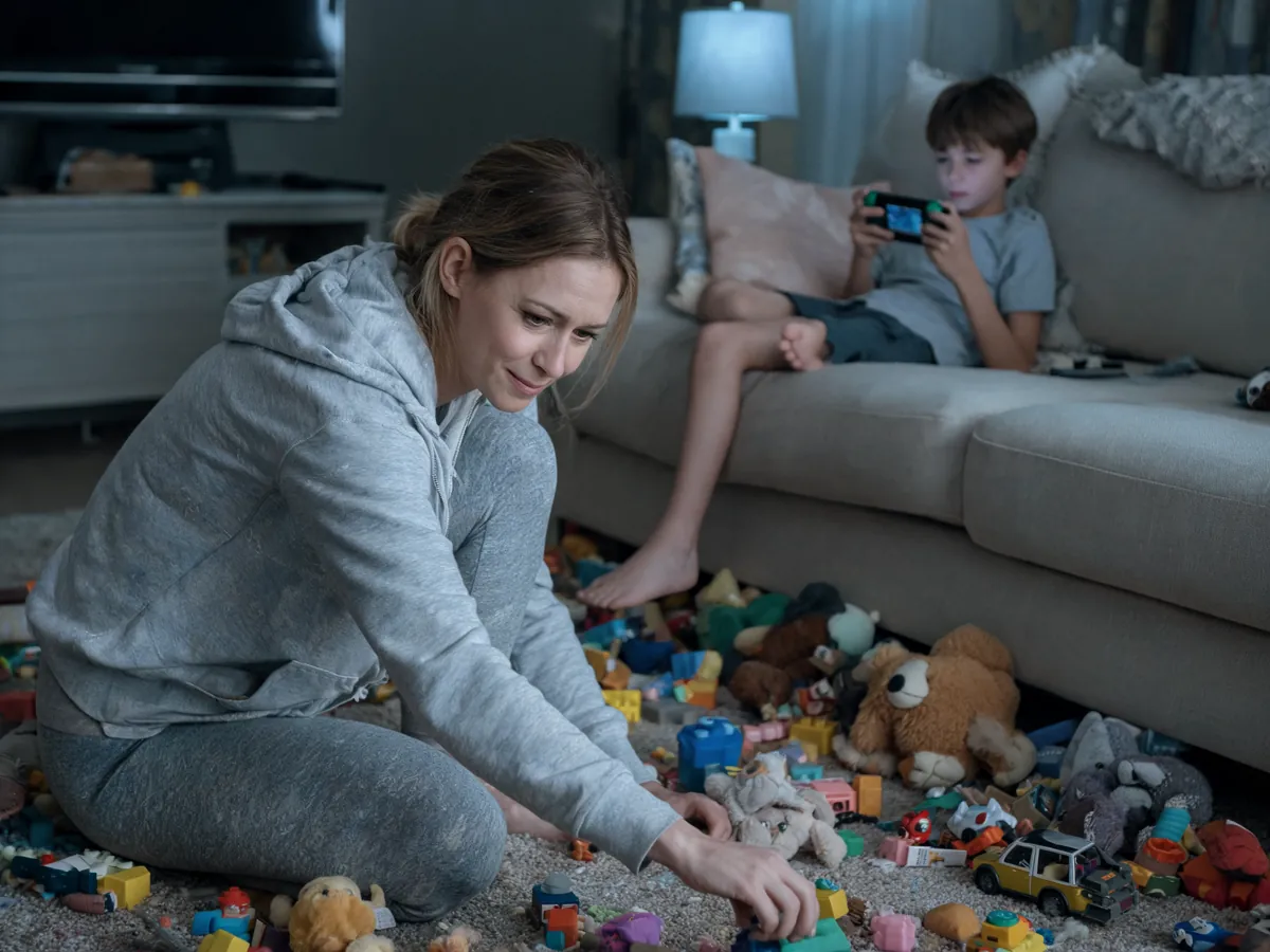 A tired parent tidying scattered toys while their child stays checked out on the sofa