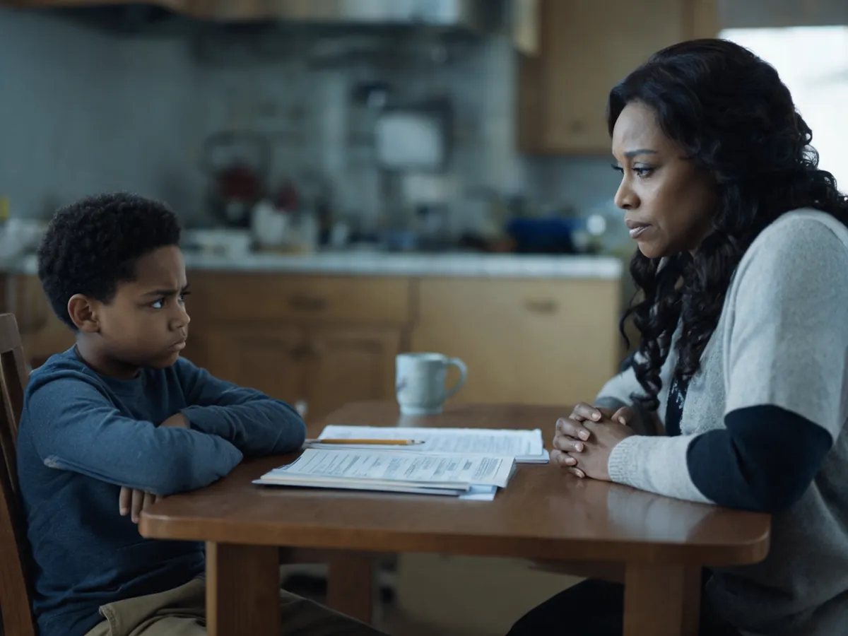 A parent and child in a quiet standoff over homework at the kitchen table