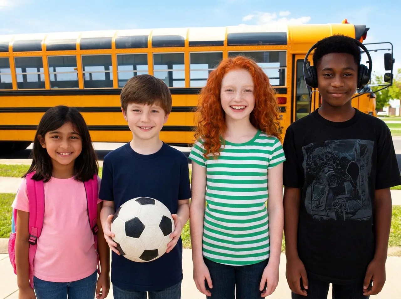 Four kids of different ages - a young girl, a boy with a soccer ball, an older girl, and a teen with headphones - standing in front of a school bus