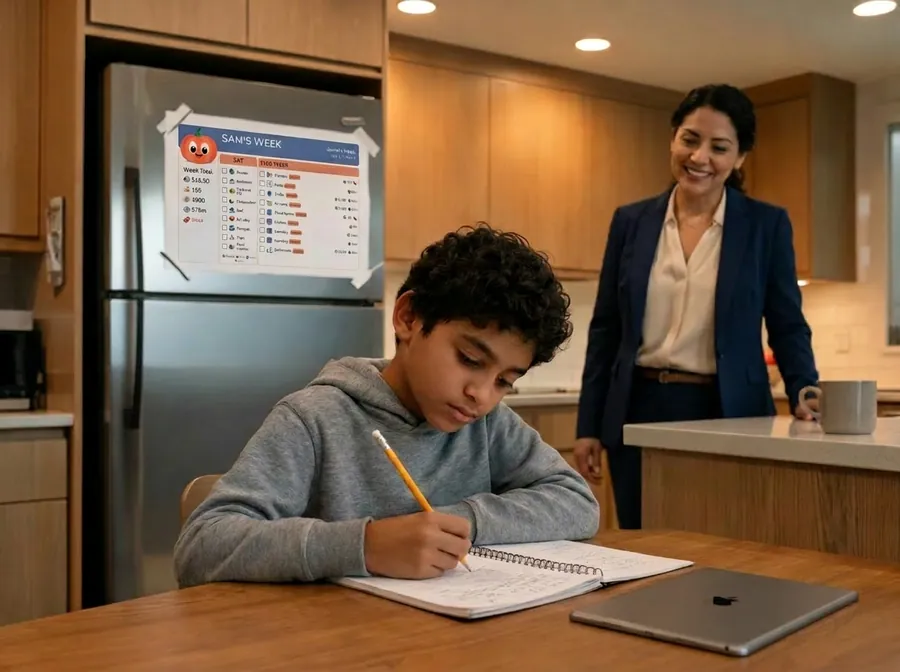 A boy doing homework at the kitchen table while a parent looks on, the family's chore chart on the fridge