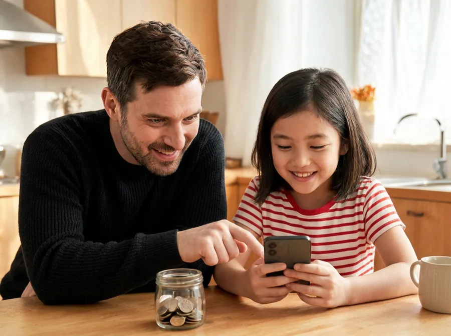 A dad and daughter smiling over a coin jar and a phone at the kitchen table