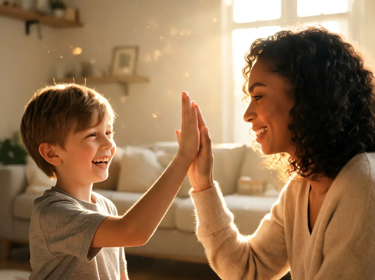 A child proudly high-fiving a smiling parent in a warm, sunlit living room
